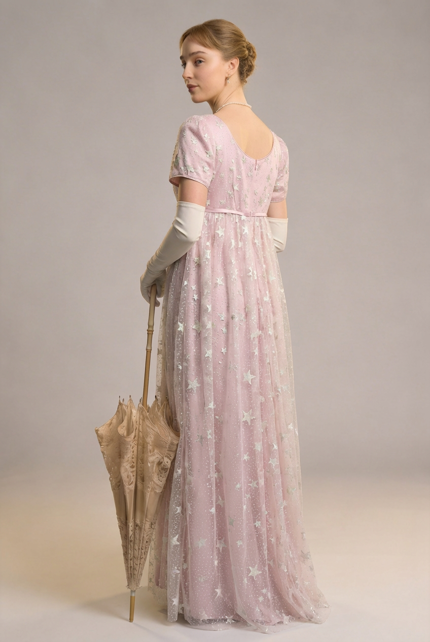 Bridgerton Daphne Pink Dress With Star Sequins - Regency Era Pink Satin Dress Plus Size