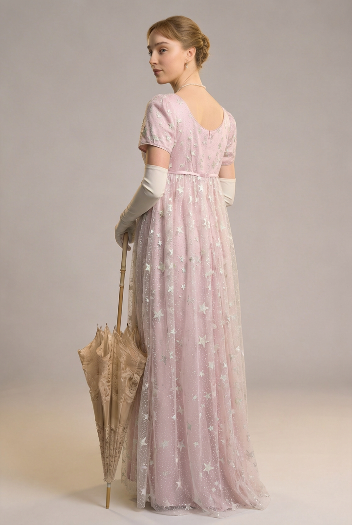 Bridgerton Daphne Pink Dress With Star Sequins - Regency Era Pink Satin Dress Plus Size
