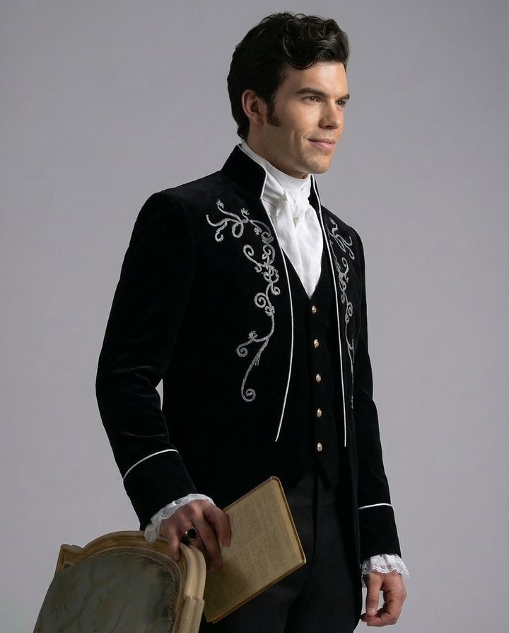 Victorian Gothic British Court Velvet Embroidered Jacquard Tuxedo Coat for Men Plus Size – Black or Burgundy Velvet