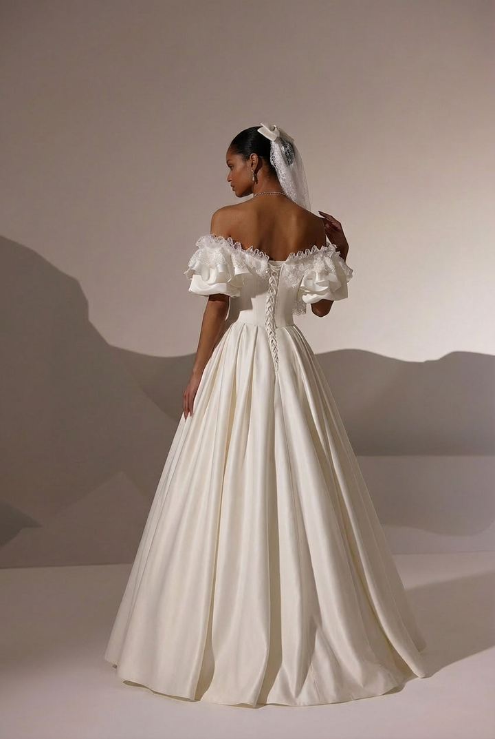 Victorian Antique Vintage Ivory White Satin A-Line Wedding Dress with Off-Shoulder Puff Sleeves and Bow Accents - Plus Size