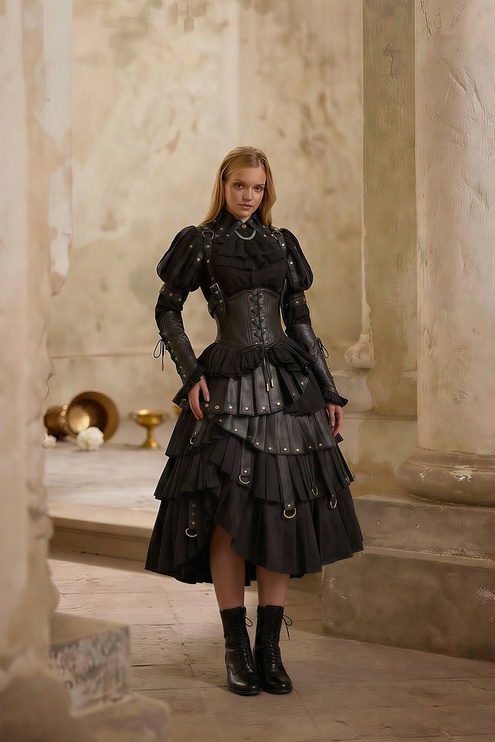 Gothic Lolita Black Ball Gown - Corset Ruffled Dress with Long Sleeves Plus Size