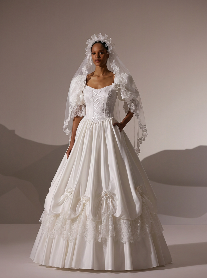 White Satin Wedding Dress with Puff Sleeve –  Lace Wedding Gown Off Shoulder with Ruched Skirt and Corset Plus Size