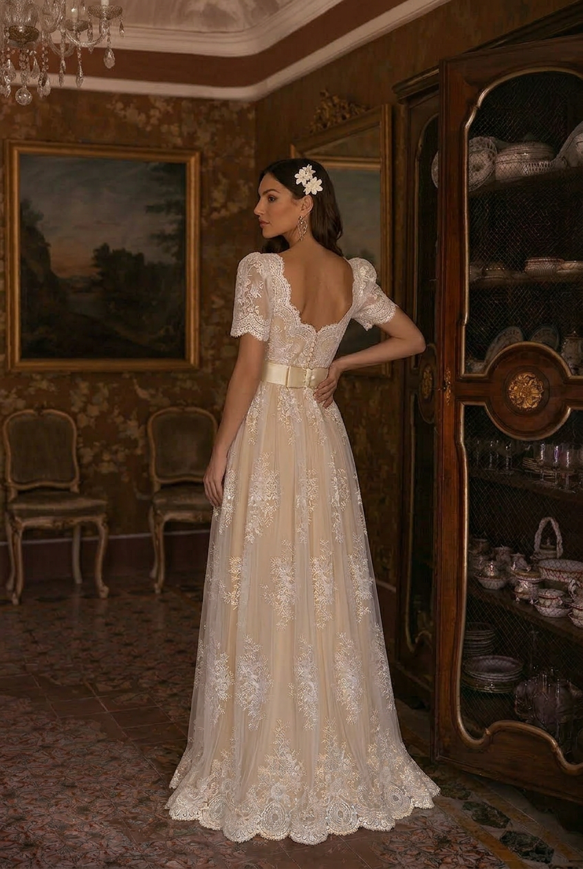 Bridgerton Daphne Empire Waist Champagne Dress With Lace- Regency Era Ball Gown Plus Size