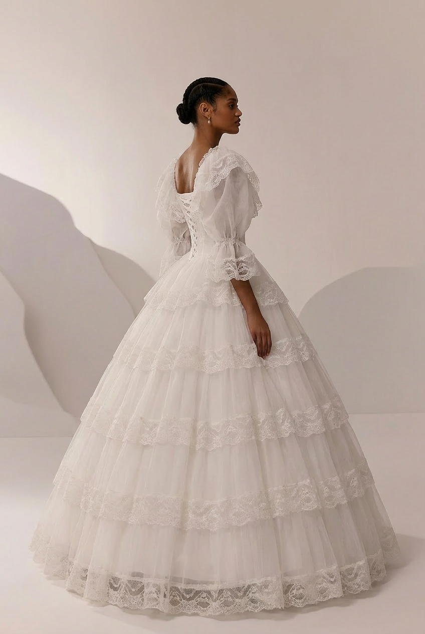 Lace Wedding Dress with Long Sleeves and Corset – Ruffle Layered Wedding Dress with Puff Sleeves Plus Size