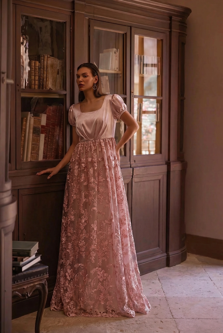 Dusty Pink Regency Era Dress with Pink Floral Lace Overlay - Pink Regency Gown with Puff Sleeves and Tulle Plus Size