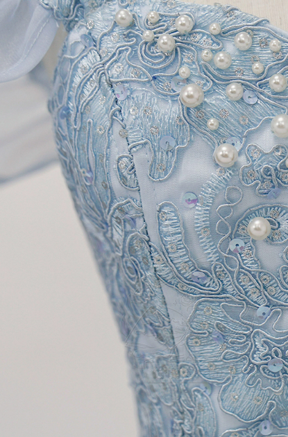 Regency Era Light Blue Empire Waist Dress with Puff Sleeves and Lace Overlay – Bridgerton Inspired Gown Plus Size