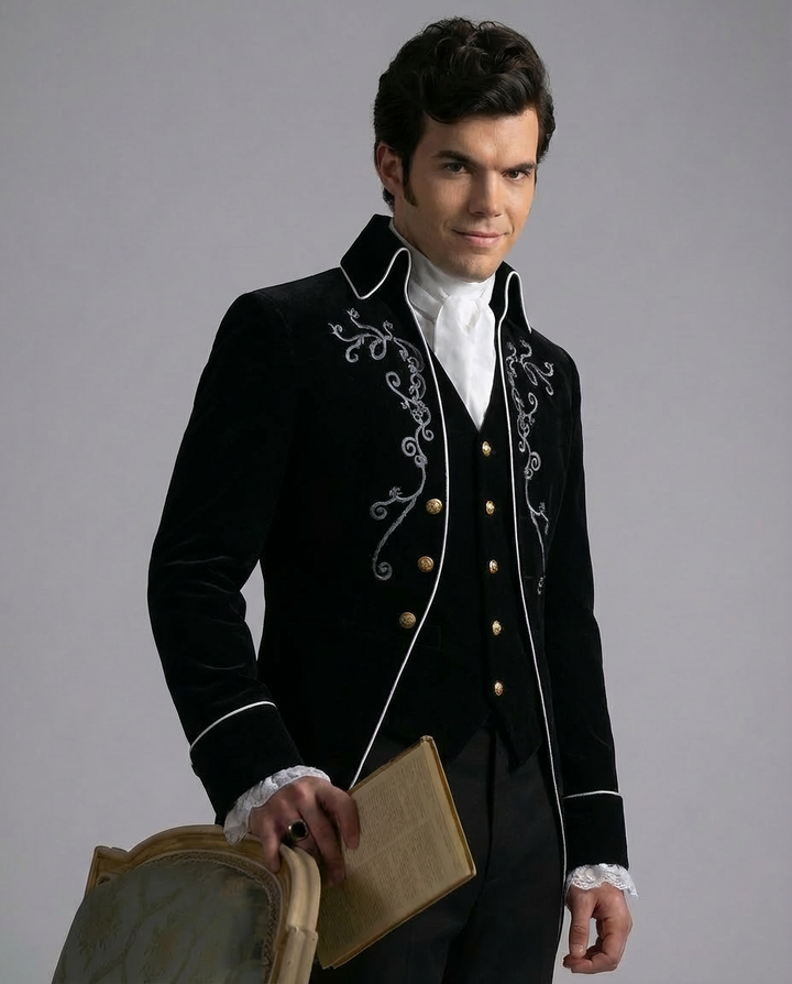 Victorian Gothic British Court Velvet Embroidered Jacquard Tuxedo Coat for Men Plus Size – Black or Burgundy Velvet