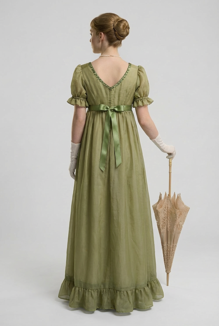 Green Bridgerton Inspired Regency Dress Women - Green Bridgerton Dress with Satin Bow Tie Belt Plus Size
