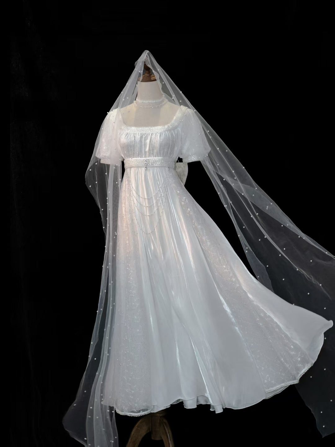 Regency Era White Pearl Tulle Empire Waist Wedding Dress Bridgerton Inspired Sheer Sleeve Bridal Dress Plus Size Size 16 / White / With Shawl Regency Era White Pearl Tulle Empire Waist Wedding Dress Bridgerton Inspired Sheer Sleeve Bridal Dress Plus Size Size 16 / White / With Shawl