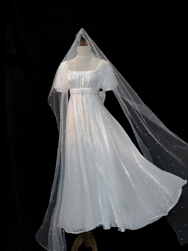 Regency Era White Pearl Tulle Empire Waist Wedding Dress – Bridgerton Inspired Sheer Sleeve Bridal Dress Plus Size