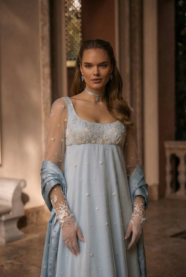 Bridgerton Inspired Daphne Blue Lace Dress Sleeveless - Regency Era Blue Empire Waist Dress Plus Size