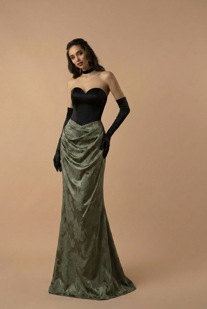 Gothic Black and Olive Green Mermaid Evening Gown - Green Evening Gown with Draped Skirt Plus Size