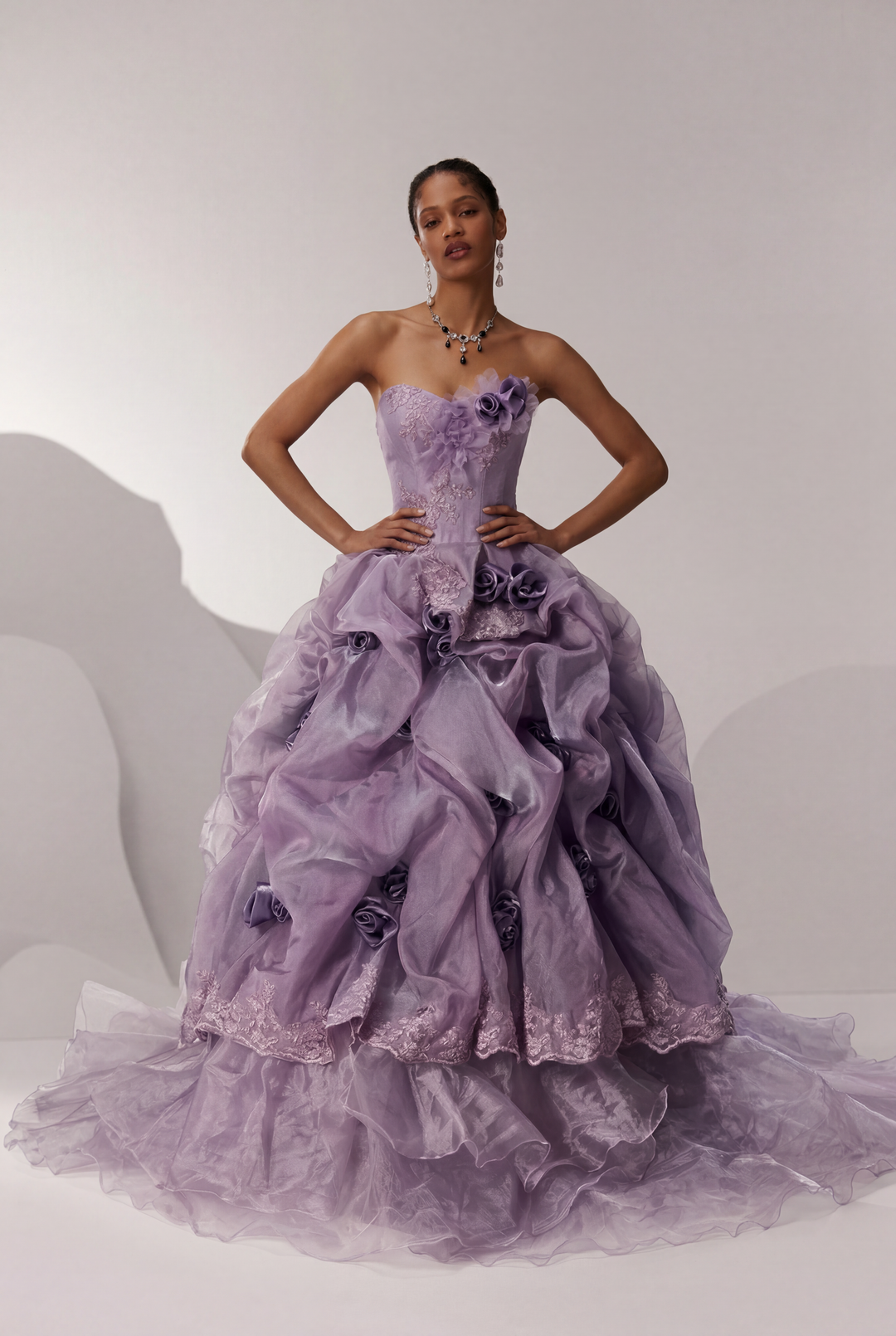 Romantic Lavender Purple Tiered Gown with Floral Appliqué –  Strapless Evening Dress with Corset Back and Lace Plus Size