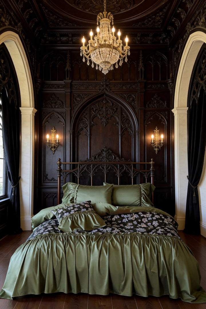The 'Verdant Nocturne' Botanical Cotton Velvet Bedding Set