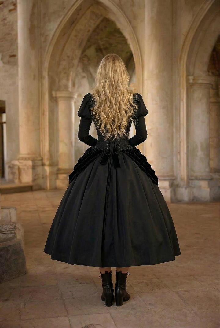 BLACK LONG GOTHIC LOLITA DRESS - VELVET GOTHIC BALL GOWN PLUS SIZE