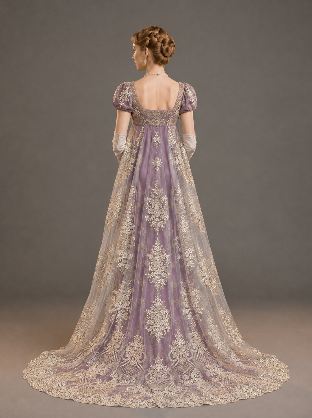 Bridgerton Daphne Inspired Regency Empire Waist Purple Embroidered Dress with Puff Sleeve Plus Size