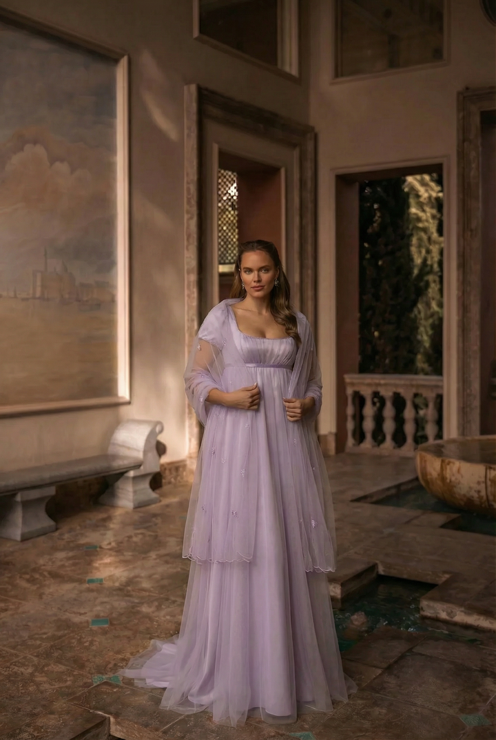 Bridgerton Daphne Purple Dress With Gauze - Regency Era Purple Satin Wedding Dress Plus Size