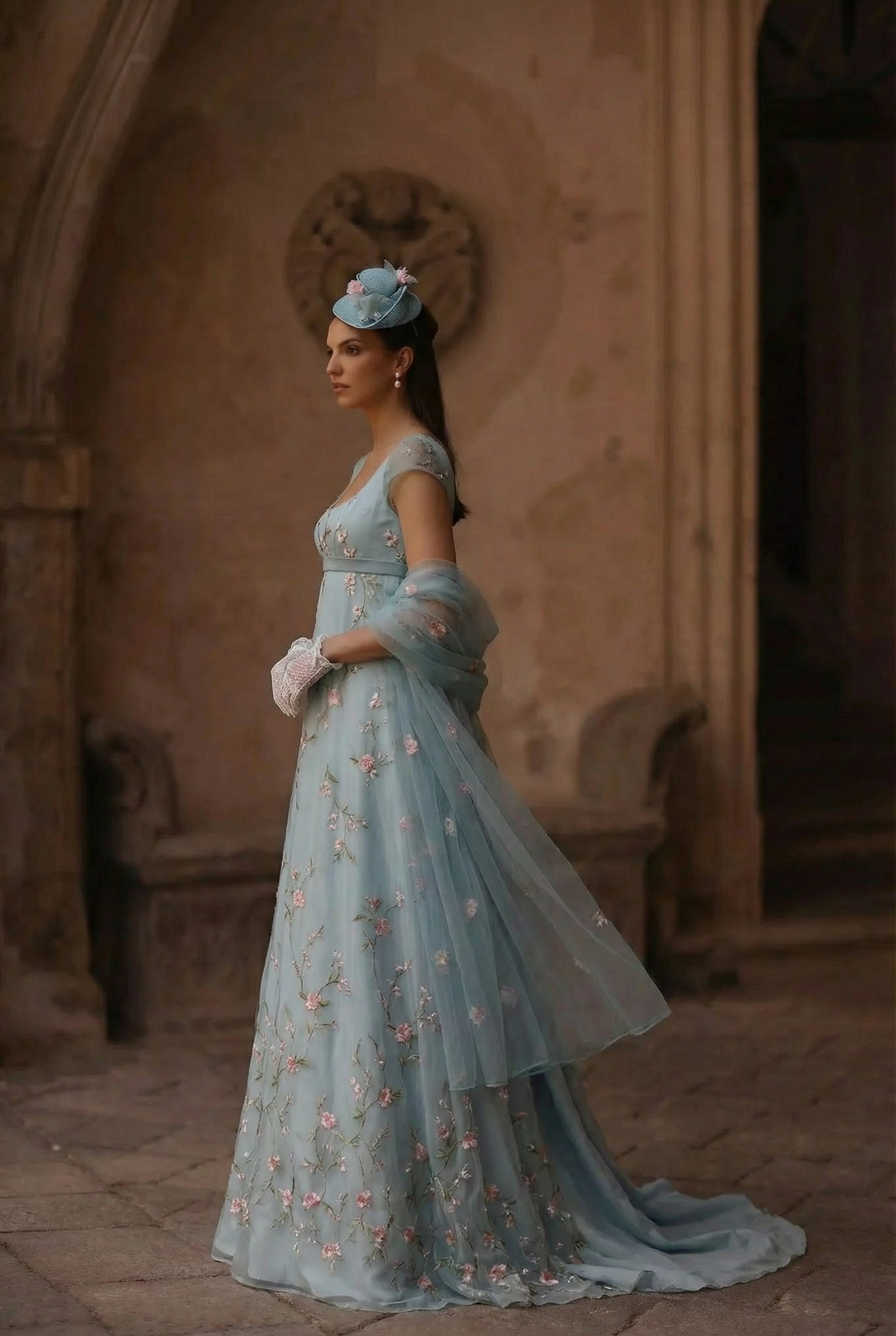 Bridgerton Daphne Blue Dress With Floral Lace Satin - Regency Era Blue Dress Plus Size