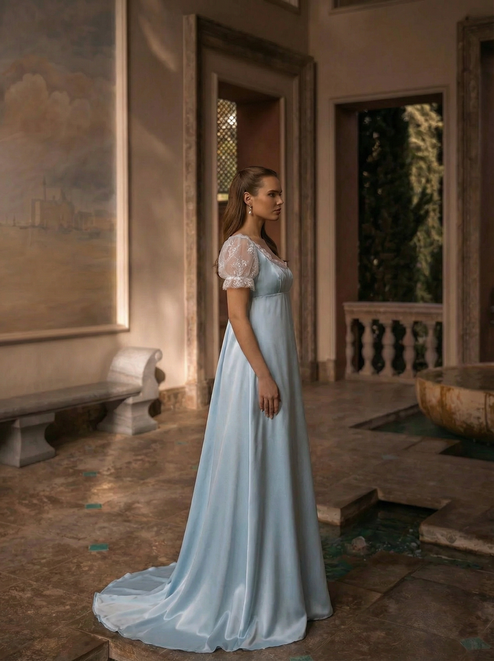 Bridgerton Daphne Blue Satin Dress With Lace - Regency Era Blue Dress Plus Size