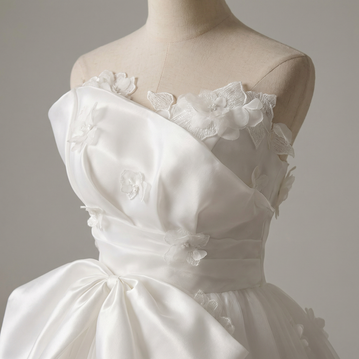 White Floral Wedding Dress with Bow – Ball Gown Wedding Dresses Princess with Strapless - Fairytale Wedding Dress Plus Size