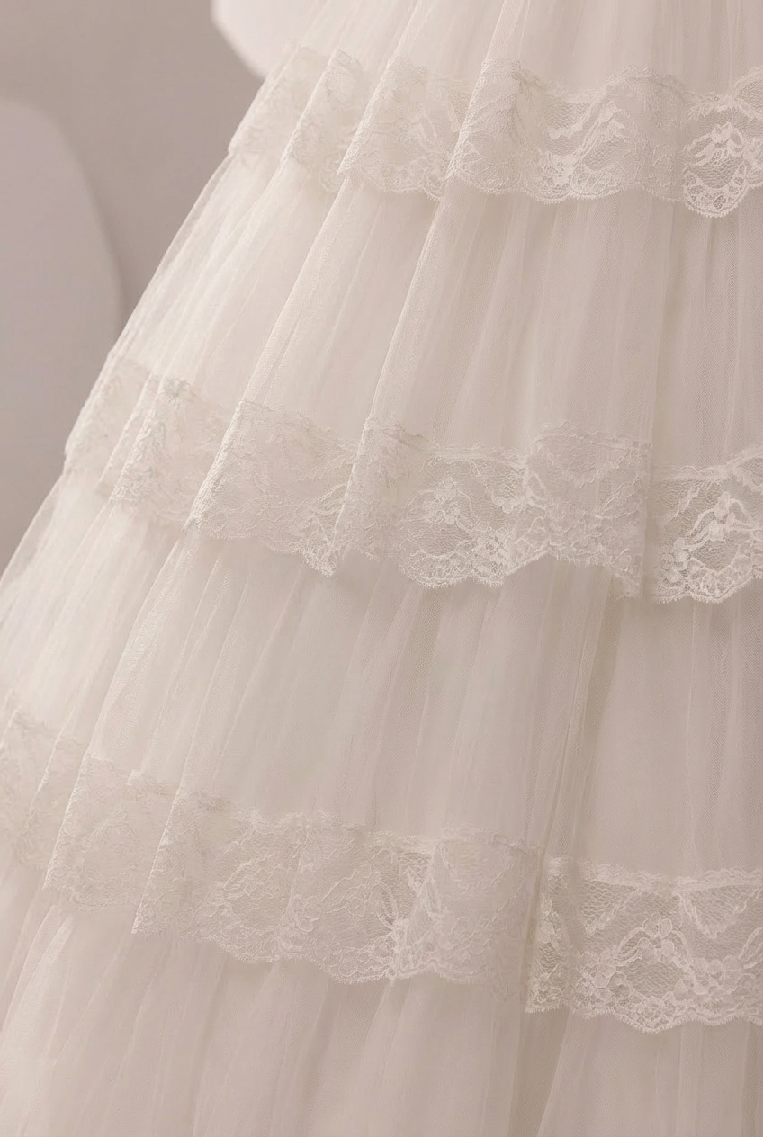 Lace Wedding Dress with Long Sleeves and Corset – Ruffle Layered Wedding Dress with Puff Sleeves Plus Size