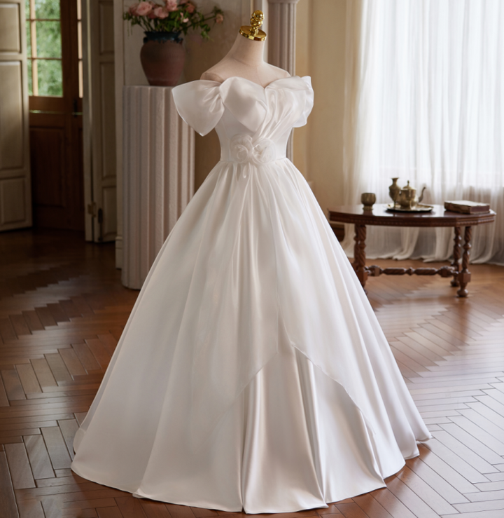 White Off the Shoulder Wedding Dress with Puff Sleeves – Simple Satin Wedding Dress with Floral Detail Plus Size