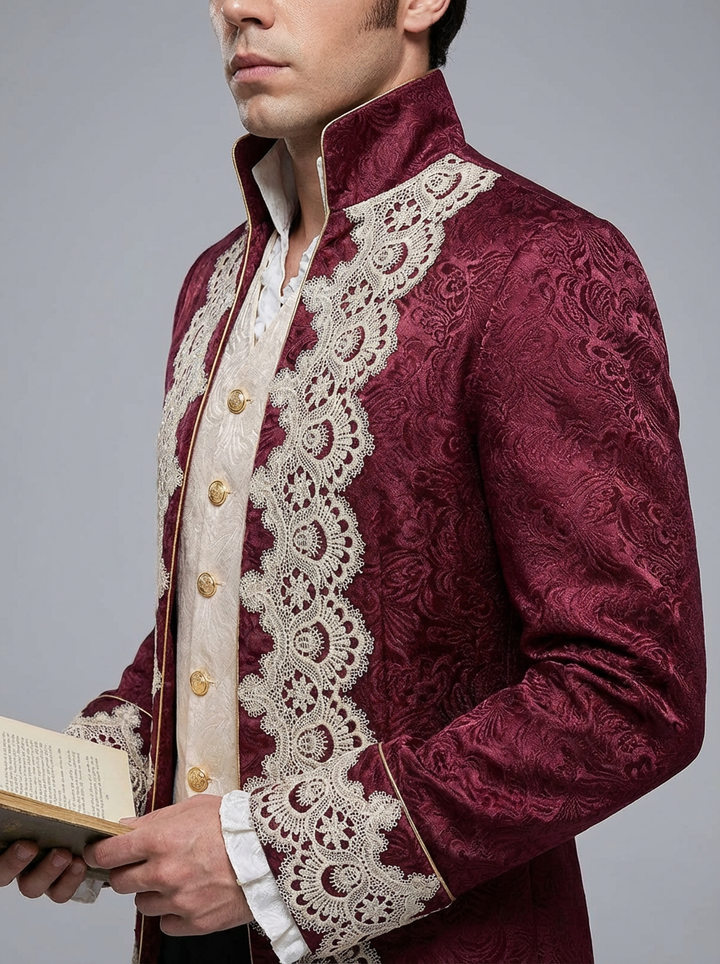 Bridgerton Inspired Tailor Made Men's Plus Size British Vintage Gothic Jacquard Tailcoat with Lace Embroidery
