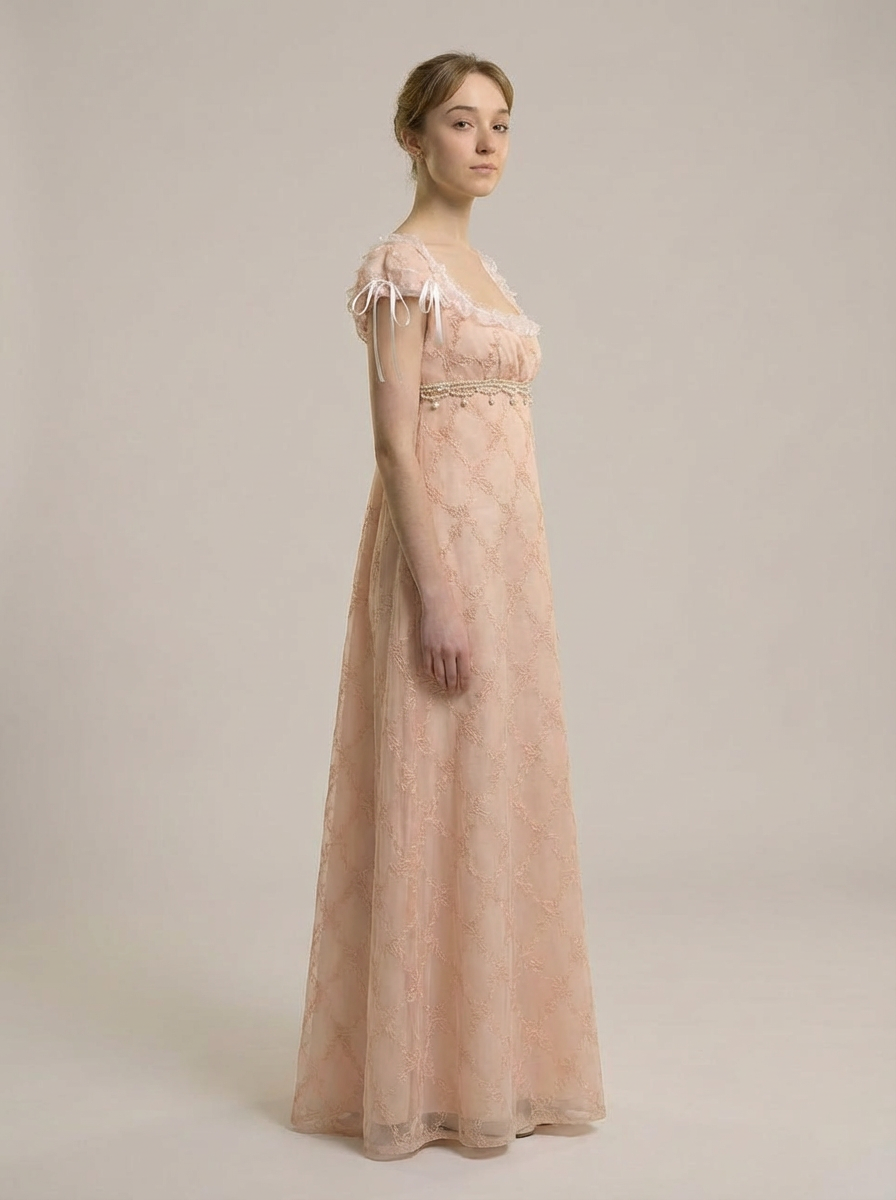 Regency Era Blush Pink Embroidered Tulle Empire Waist Dress – Bridgerton Inspired Ribbon Shoulder Gown Plus Size