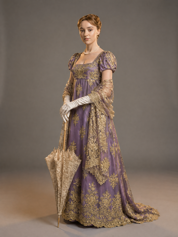 Bridgerton Daphne Inspired Regency Empire Waist Purple Embroidered Dress with Puff Sleeve Plus Size