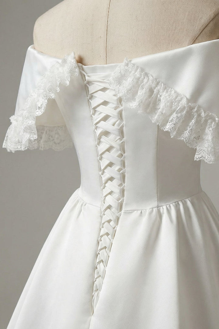 Vintage Off the Shoulder Wedding Dress with Rosettes – Satin Wedding Dress with Lace Ruffles Plus Size