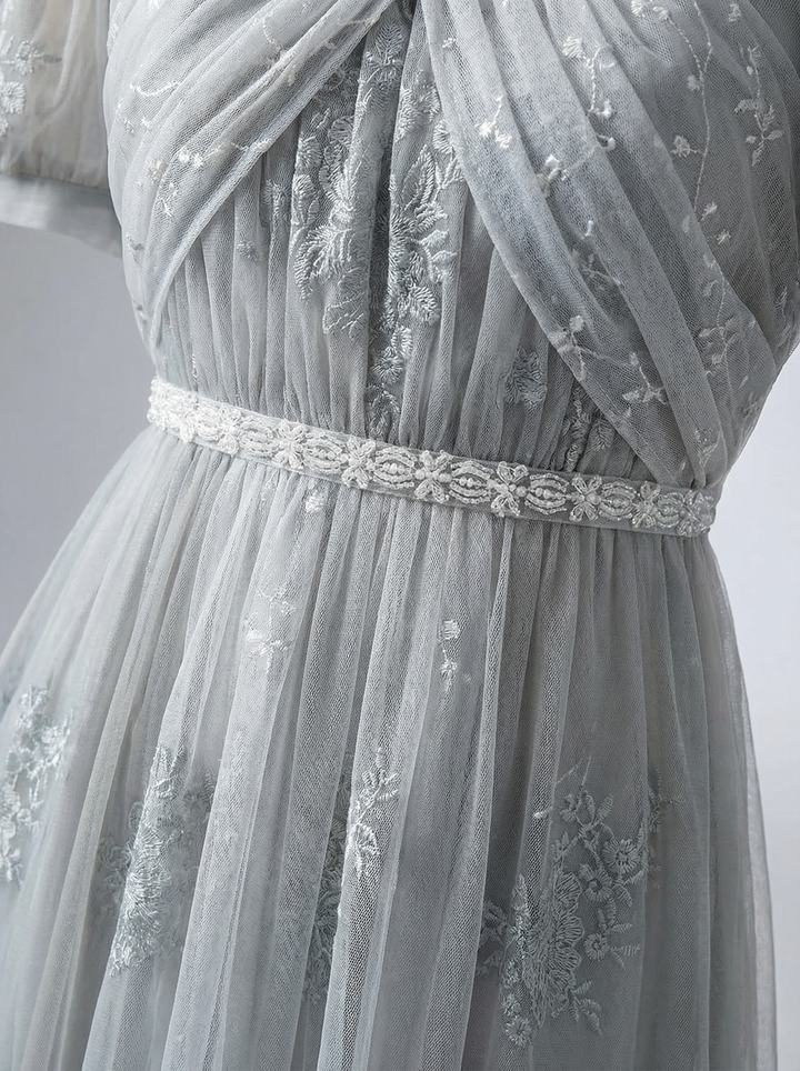 Bridgerton Empire Waist grey ball gown, Regency Era dress with Lace Embroidery,  Jane Austin plus size