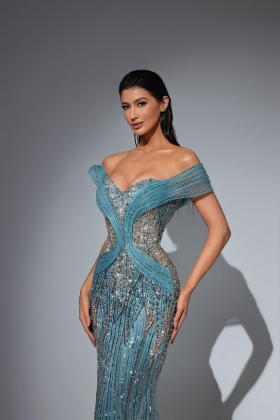 Champagne Designer Sequin Gown with Off-Shoulder Design – Illusion Formal Dress Plus Size