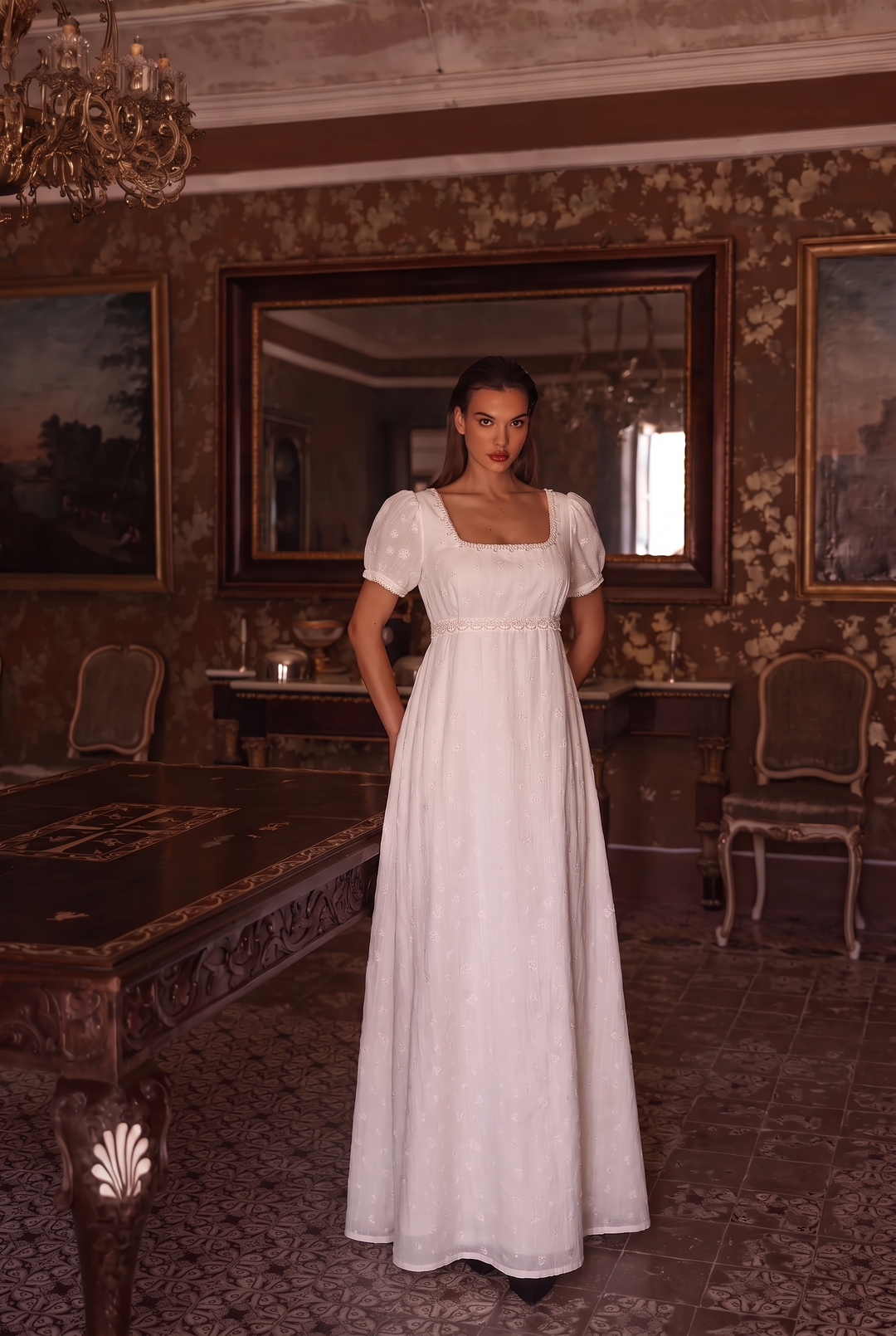 Regency Era White Embroidered Empire Waist Gown with Puff Sleeves and Lace Trim – Bridgerton Inspired Vintage Dress Plus Size
