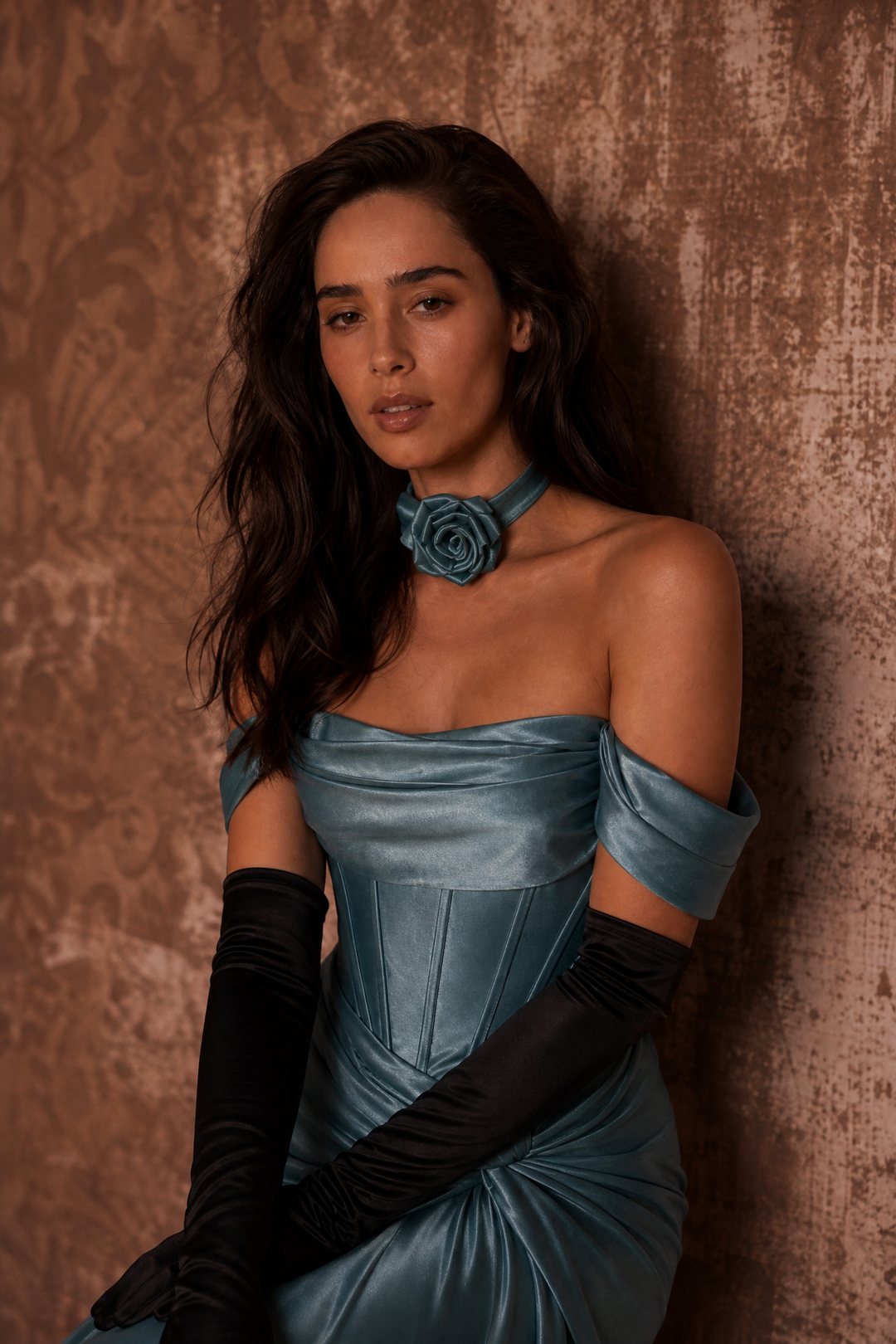 Steel Blue Silk Evening Dress - Corset Back Wedding Dress with Off-the-Shoulder Design Plus Size