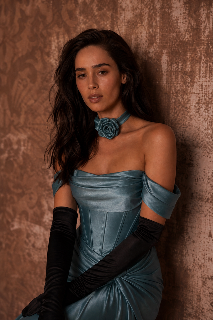 Steel Blue Silk Evening Dress - Corset Back Wedding Dress with Off-the-Shoulder Design Plus Size