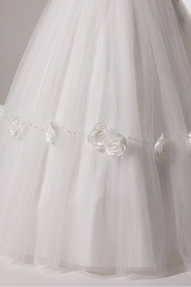 Antique Vintage Victorian Ivory White Tulle Ball Gown Wedding Dress with 3D Floral Embellishments - Plus Size