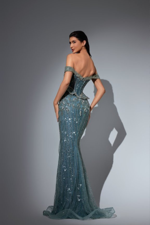 Champagne Embellished Gown with Pearl Corset Bodice – Sequins Evening Gown with Slit Plus Size