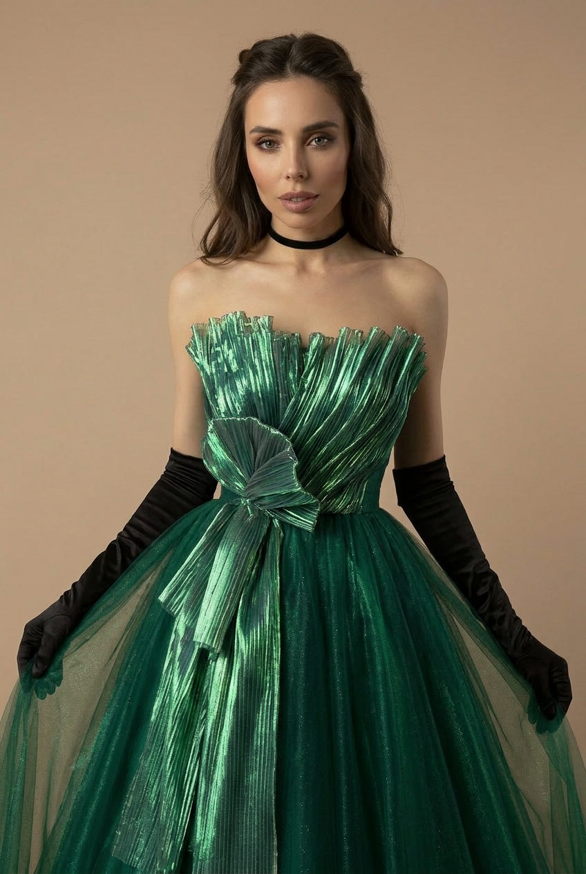 Gothic Emerald Green Ball Gown with Luminous Pleated Accents - Green Evening Dress Plus Size