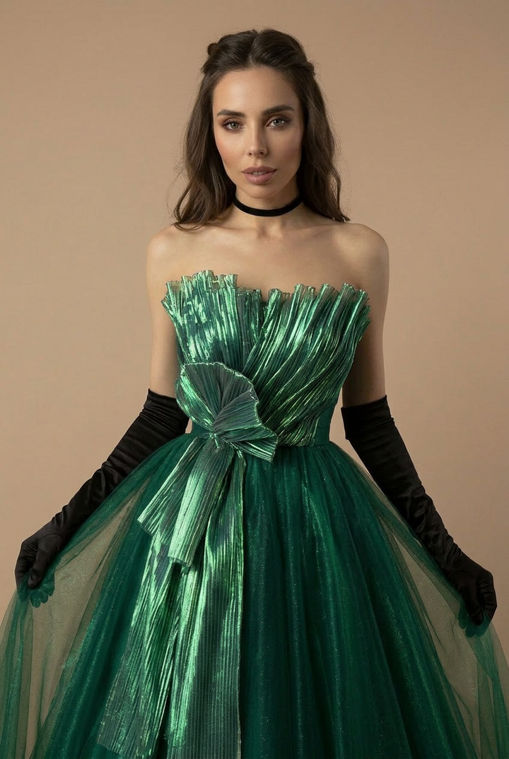 Gothic Emerald Green Ball Gown with Luminous Pleated Accents - Green Evening Dress Plus Size
