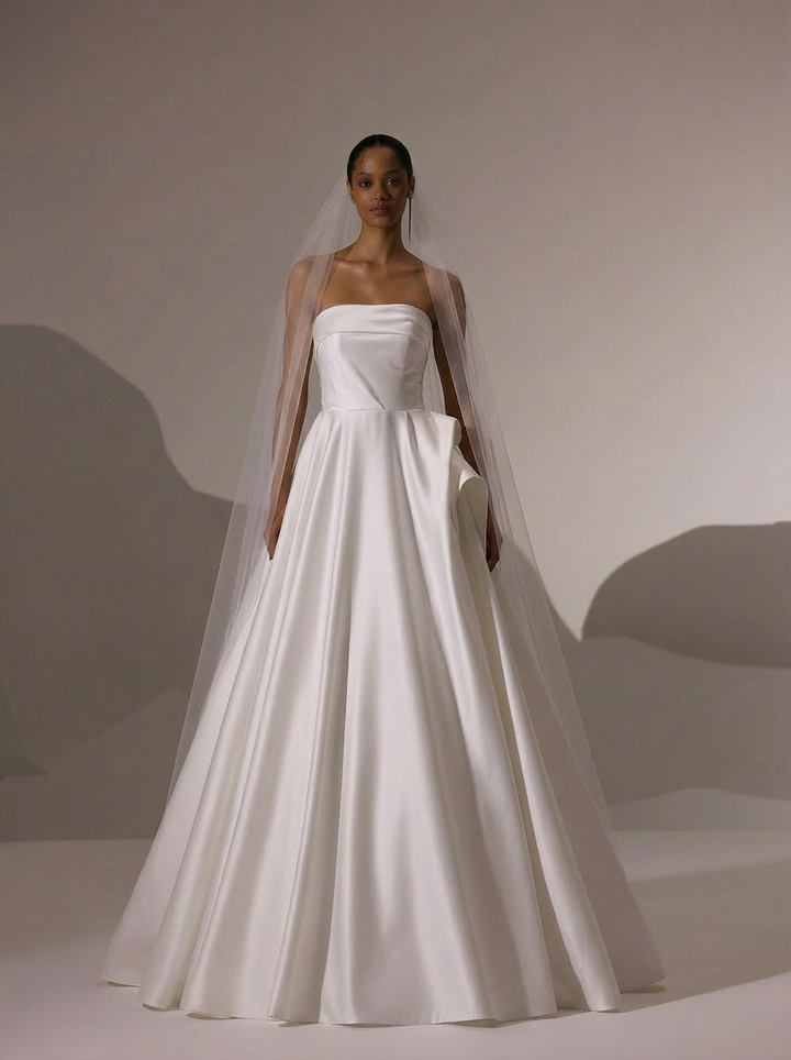 Strapless Satin Wedding Dress with Fold Over Neckline – Simple Satin Wedding Dress with Corset Plus Size