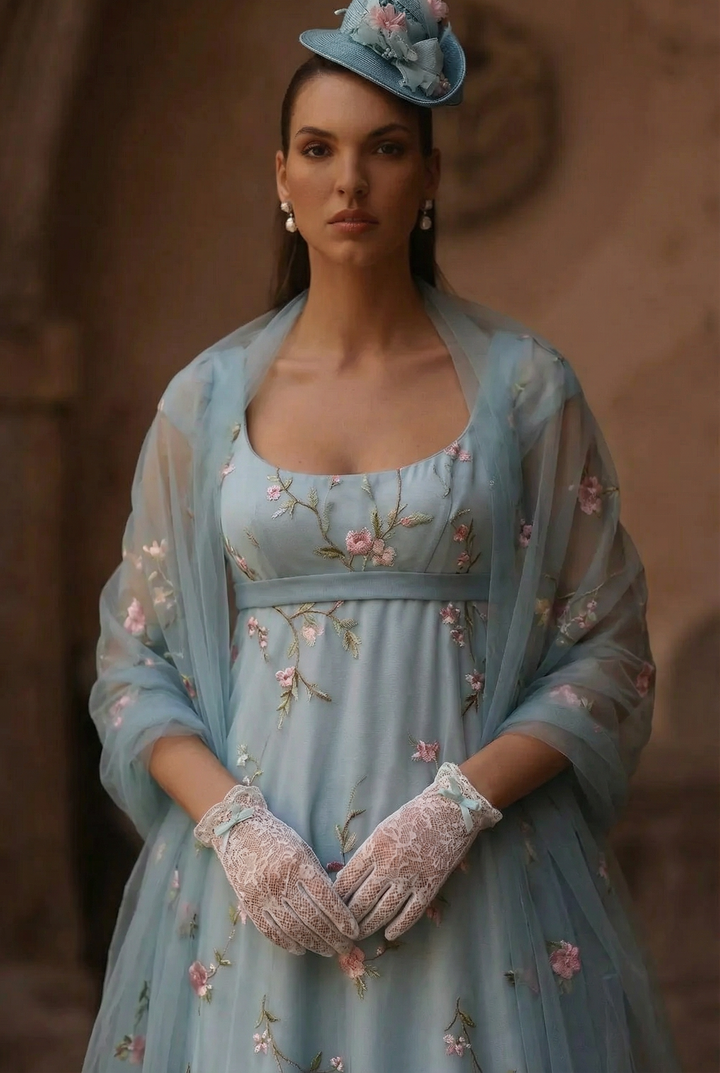 Bridgerton Daphne Blue Dress With Floral Lace Satin - Regency Era Blue Dress Plus Size