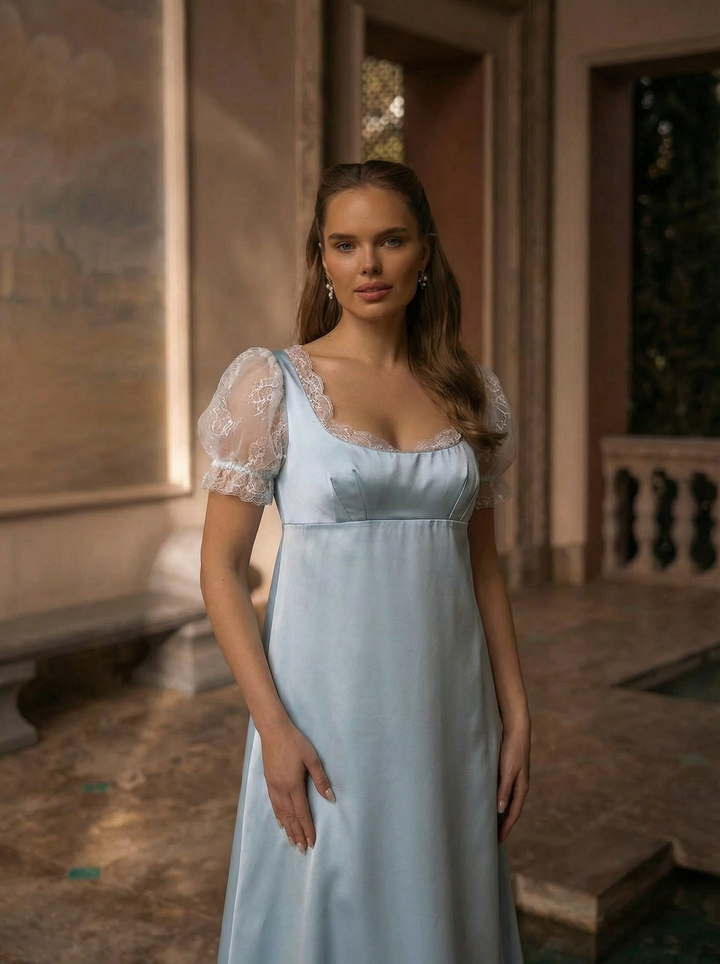 Bridgerton Daphne Blue Satin Dress With Lace - Regency Era Blue Dress Plus Size