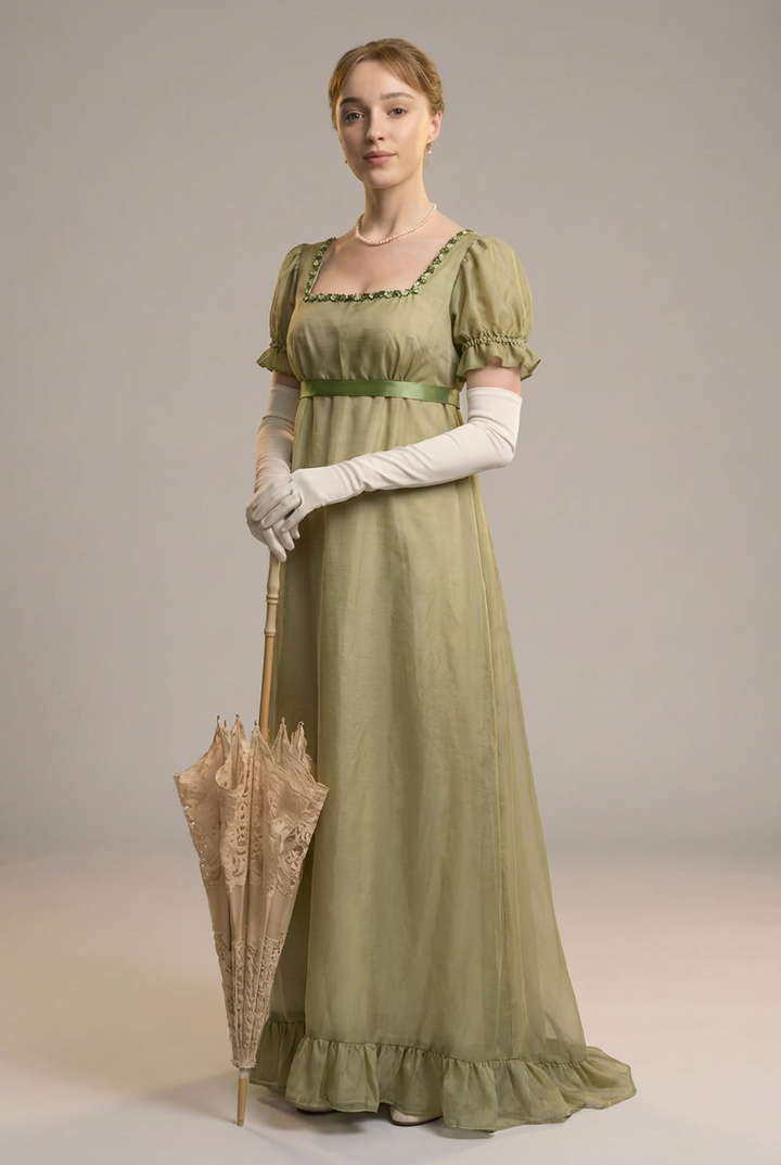Green Bridgerton Inspired Regency Dress Women - Green Bridgerton Dress with Satin Bow Tie Belt Plus Size