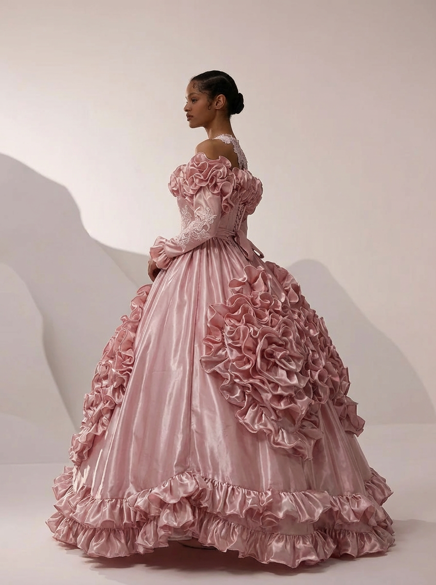 Pink Satin Vintage Antique A-line Ball Gown Wedding Dress with Long Sleeves and Ruffles - Plus Size