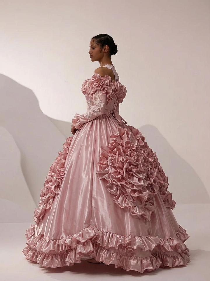 Pink Satin Vintage Antique A-line Ball Gown Wedding Dress with Long Sleeves and Ruffles - Plus Size