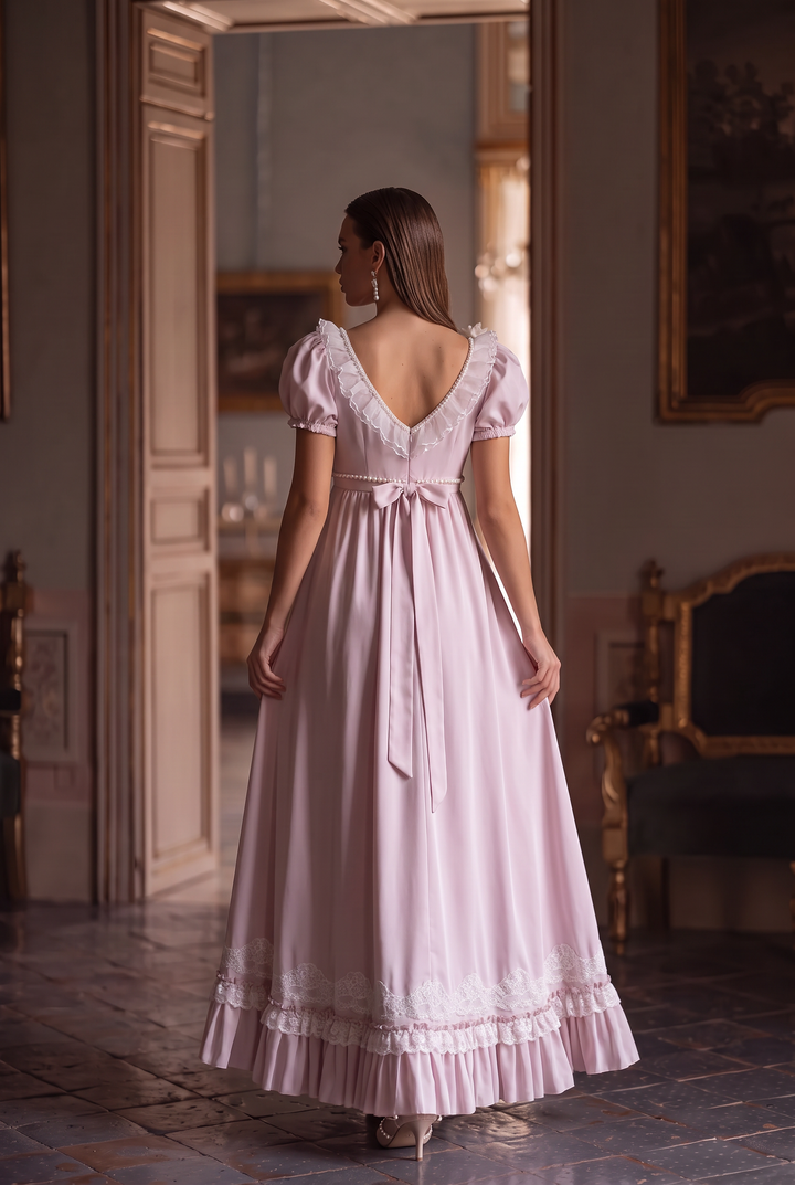 Regency Era Lavender Empire Waist Dress with Lace Trim, Pearl Details and Puff Sleeves Plus Size