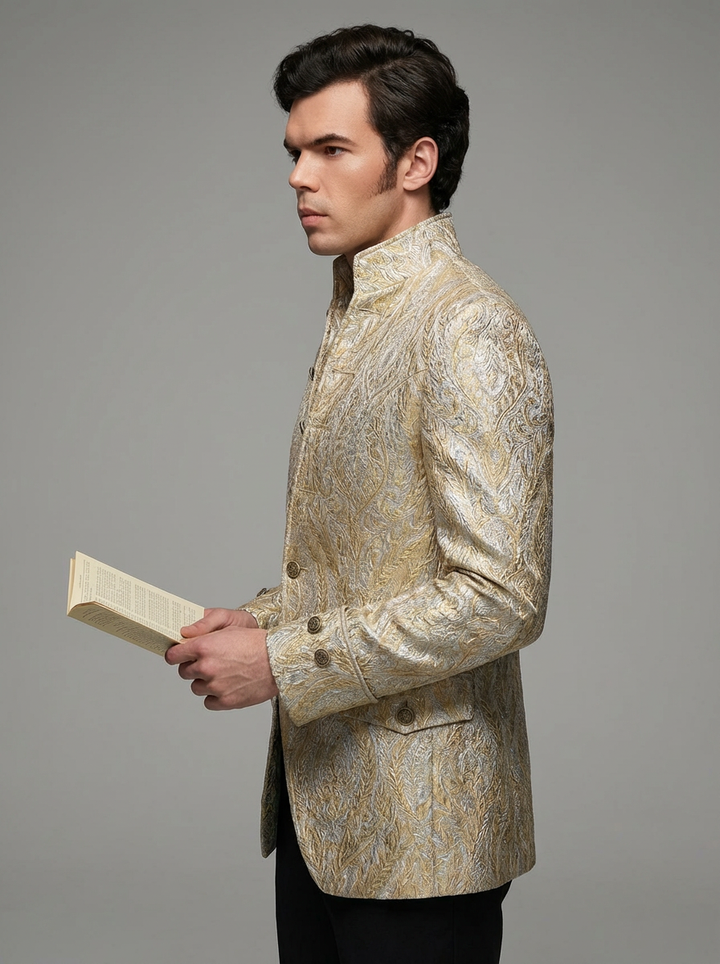 Regency Era Gold Jacquard Satin Tailored Jacket – Bridgerton Inspired High Collar Formal Regency Coat Made to Order Plus Size