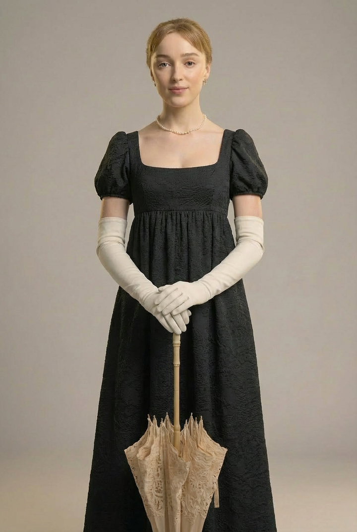 Classic Regency Era Black Lace Dress - Empire Waist Ball Gown Plus Size