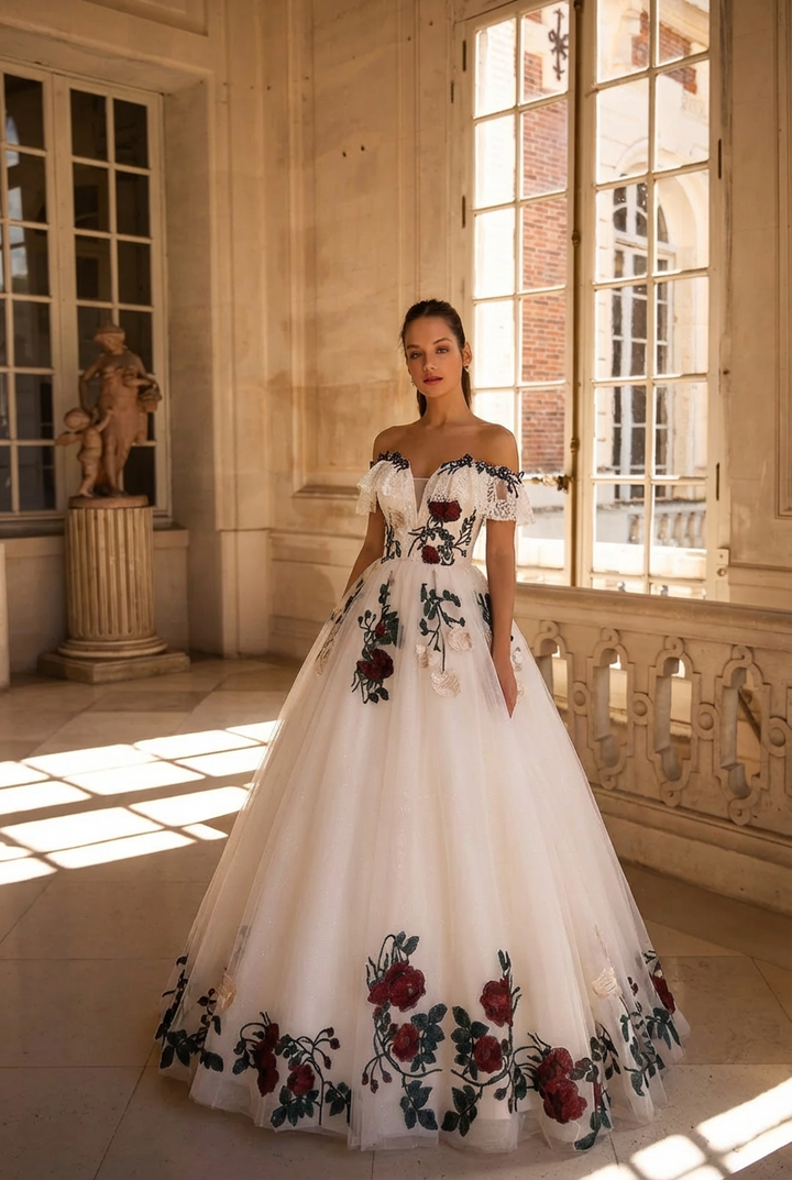 Gothic Off-Shoulder Floral Corset Wedding Dress - Gothic Prom Dress - Plus Size