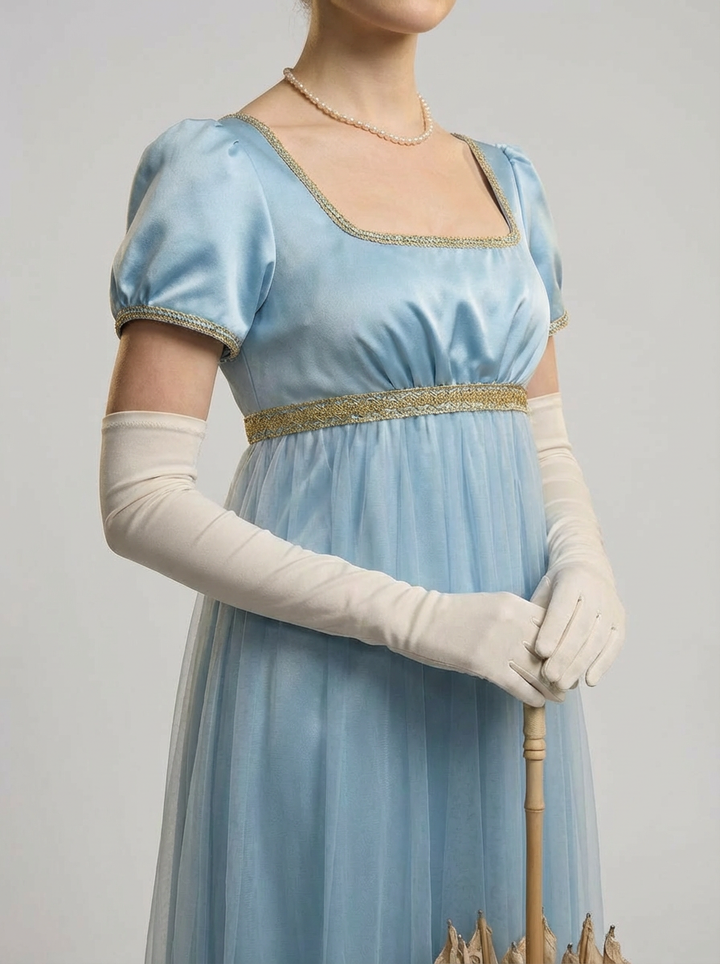 Bridgerton Daphne Blue Dress with Gauze - Regency Era Blue Satin Wedding Dress Plus Size